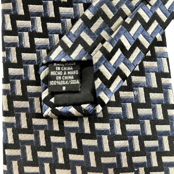 Geoffrey Beene Silk Tie Silver Blue Black Geometric Handmade - Picture 6 of 8